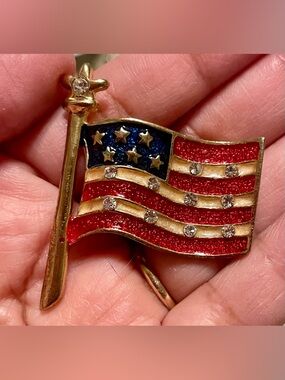 Gold-Tone American Flag Crystal Accent Brooch - Red, Blue, White